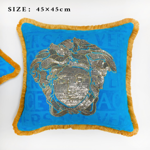 Versace Sequin Medusa Logo Printed Cushions Fringe Blue Versace Sequin Medusa Logo Printed Cushions Fringe Blue
