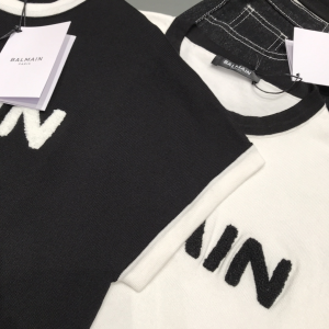 Luxury Womens Clothing Balmain Logo Knit T Shirt in Black SML A29PP380 AA159859