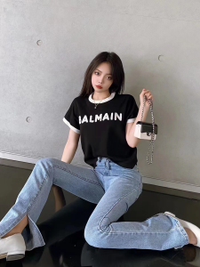Luxury Womens Clothing Balmain Logo Knit T Shirt in Black SML A29PP380 AA159859
