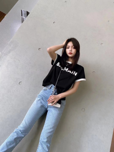 Luxury Womens Clothing Balmain Logo Knit T Shirt in Black SML A29PP380 AA159859