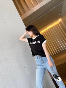 Luxury Womens Clothing Balmain Logo Knit T Shirt in Black SML A29PP380 AA159859