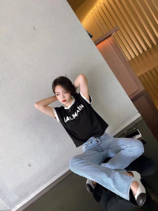 Luxury Womens Clothing Balmain Logo Knit T Shirt in Black SML A29PP380 AA159859