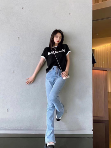 Luxury Womens Clothing Balmain Logo Knit T Shirt in Black SML A29PP380 AA159859