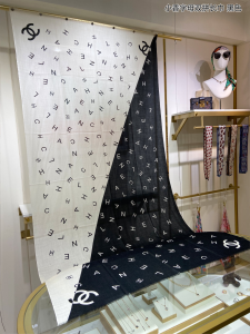 Chanel Black and White Logo Silk Scarf 