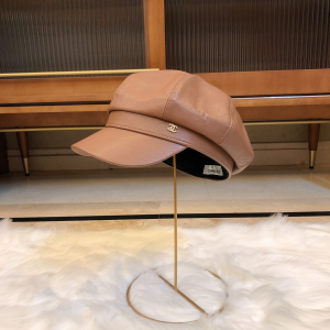 Chanel Brown Leather CC Newsboy Hat 