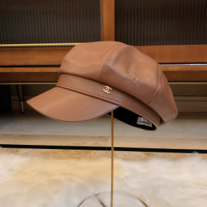 Luxury Womens Hat Chanel Brown Leather CC Newsboy Hat A190PP95 AA163344