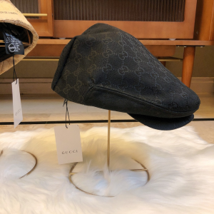 Luxury Womens Hat Gucci GG Cotton Drill Flat Cap Hat in Black A190PP90 AA163346