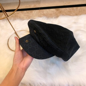 Luxury Womens Hat Gucci GG Cotton Drill Flat Cap Hat in Black A190PP90 AA163346