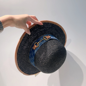 Luxury Womens Hat Gucci Straw Hat with Horsebit in Black A190PP160 AA163336