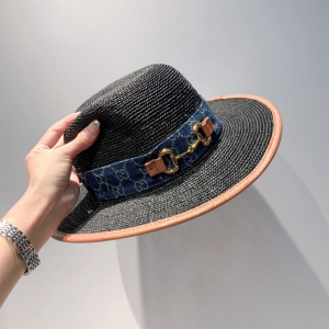 Luxury Womens Hat Gucci Straw Hat with Horsebit in Black A190PP160 AA163336