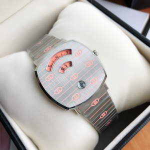 Gucci Grip Mens Quartz Movement Watch Steel Case and Bracelet GG Engraved and Pink Super LumiNova Enamel 38MM Gucci Grip Mens Quartz Movement Watch Steel Case and Bracelet GG Engraved and Pink Super LumiNova Enamel 38MM