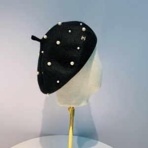 Chanel Black Wool Beret Hat Pearls 