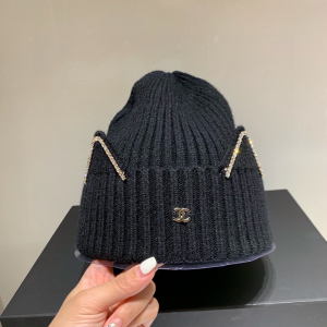 Chanel CC Black Knit Wool Beanie Bucket Hat 