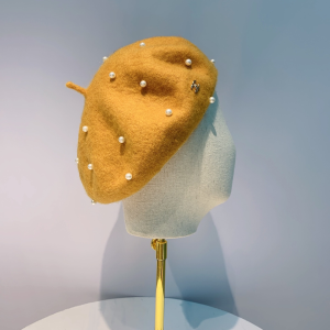 Chanel Yellow Wool Beret Hat Pearls 