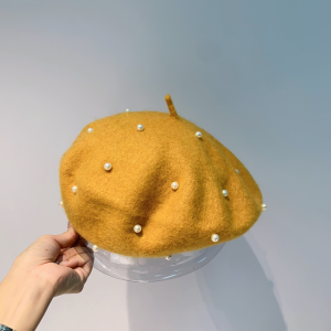 Luxury Womens Hats Chanel Yellow Wool Beret Hat with Pearls A190PP100 AA163876