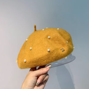 Luxury Womens Hats Chanel Yellow Wool Beret Hat with Pearls A190PP100 AA163876