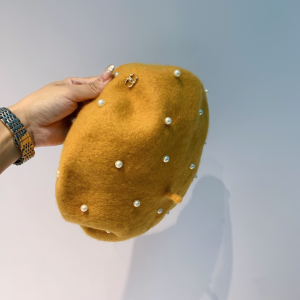 Luxury Womens Hats Chanel Yellow Wool Beret Hat with Pearls A190PP100 AA163876