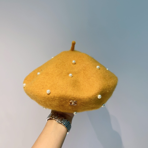 Luxury Womens Hats Chanel Yellow Wool Beret Hat with Pearls A190PP100 AA163876
