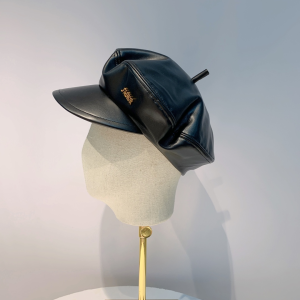 Dior Black Leather Newsboy Cap Hat 