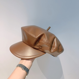 Dior Brown Leather Newsboy Cap Hat 