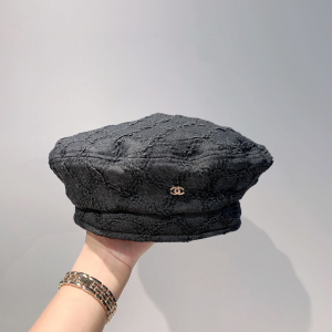 Chanel CC Black Denim Beret Hat 