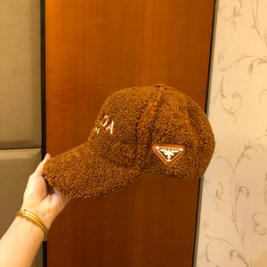 Prada Brown Shearling Wool Baseball Hat 