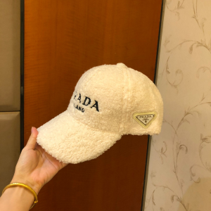 Prada White Shearling Wool Baseball Hat 
