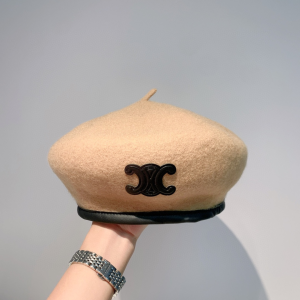 Celine Triomphe Beige Cashmere Wool Beret Hat 