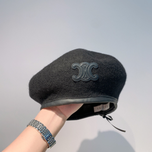 Celine Triomphe Black Cashmere Wool Beret Hat 