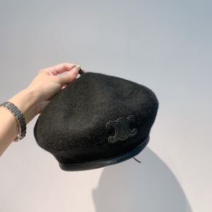 Luxury Womens Hats Celine Triomphe Black Cashmere Wool Beret Hat A190PP110 AA164955