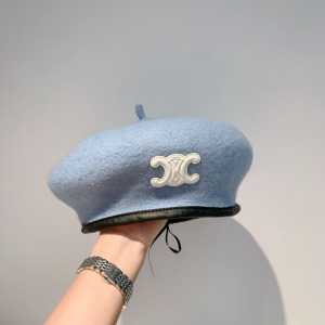 Celine Triomphe Blue Cashmere Wool Beret Hat 