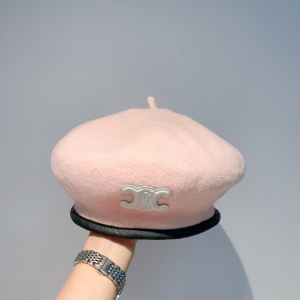 Celine Triomphe Pink Cashmere Wool Beret Hat 