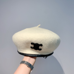 Celine Triomphe White Cashmere Wool Beret Hat 