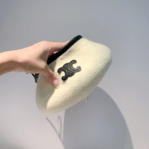 Luxury Womens Hats Celine Triomphe White Cashmere Wool Beret Hat A190PP110 AA164953