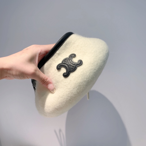 Luxury Womens Hats Celine Triomphe White Cashmere Wool Beret Hat A190PP110 AA164953