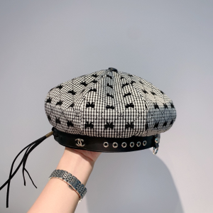 Chanel Black White Quilted Cotton Beret Hat 
