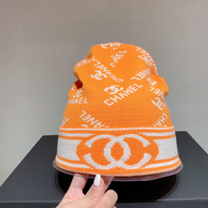 Chanel CC Logo Orange Cashmere Beanie Hat 