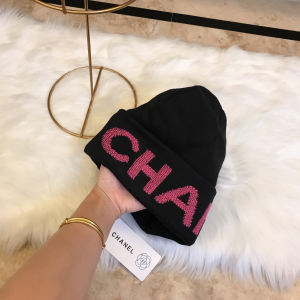 Chanel Red Logo Embroidery Knit Beanie Hat Black 
