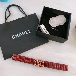 Chanel CC Logo Ruched Leather Belt Red 