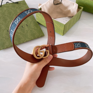Gucci Blue GG Denim Leather Belt Brown 30MM 