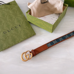Luxury Womens Belts Gucci Blue GG Denim Leather Belt in Brown 30MM A191PP240 AA168176