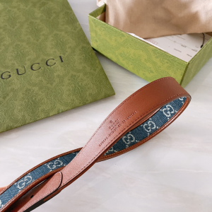 Luxury Womens Belts Gucci Blue GG Denim Leather Belt in Brown 30MM A191PP240 AA168176