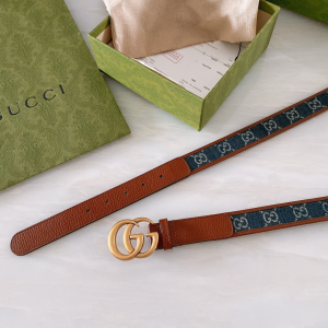 Luxury Womens Belts Gucci Blue GG Denim Leather Belt in Brown 30MM A191PP240 AA168176