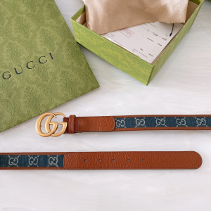 Luxury Womens Belts Gucci Blue GG Denim Leather Belt in Brown 30MM A191PP240 AA168176