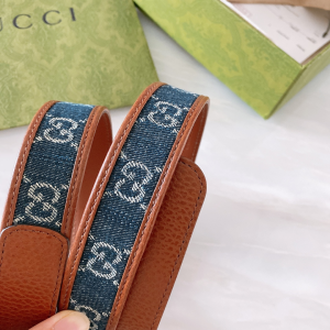 Luxury Womens Belts Gucci Blue GG Denim Leather Belt in Brown 30MM A191PP240 AA168176