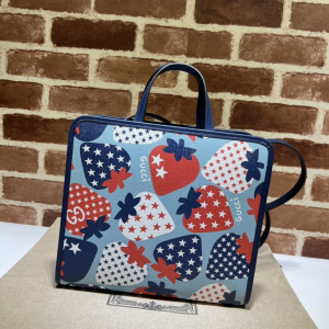 Gucci Tote Bag Gucci Childrens Strawberry Star Tote Bag Light Blue and Red Canvas Gucci Tote Bag Gucci Childrens Strawberry Star Tote Bag Light Blue and Red Canvas