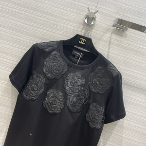 Luxury Womens Clothing Chanel Black Camellia Cotton T Shirt SML A29PP380 AA173599