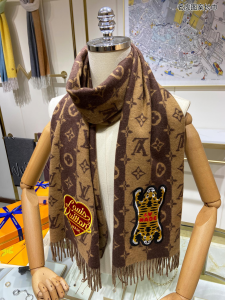 Louis Vuitton 2022 LV Made Stripes Monogram Cashmere Silk Shawl Scarf Brown Louis Vuitton 2022 LV Made Stripes Monogram Cashmere Silk Shawl Scarf Brown