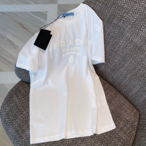 Replica Womens Clothing Prada Embroidery White Cotton T Shirt SML A154PP280 AA178402
