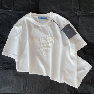 Replica Womens Clothing Prada Embroidery White Cotton T Shirt SML A154PP280 AA178402